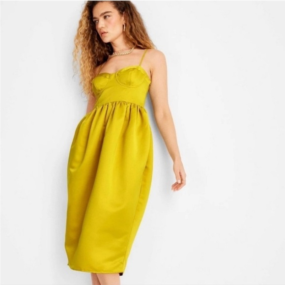 Future Collective Women's Sweetheart Bubble Satin Midi Dress Yellow XS NWT - Picture 1 of 12